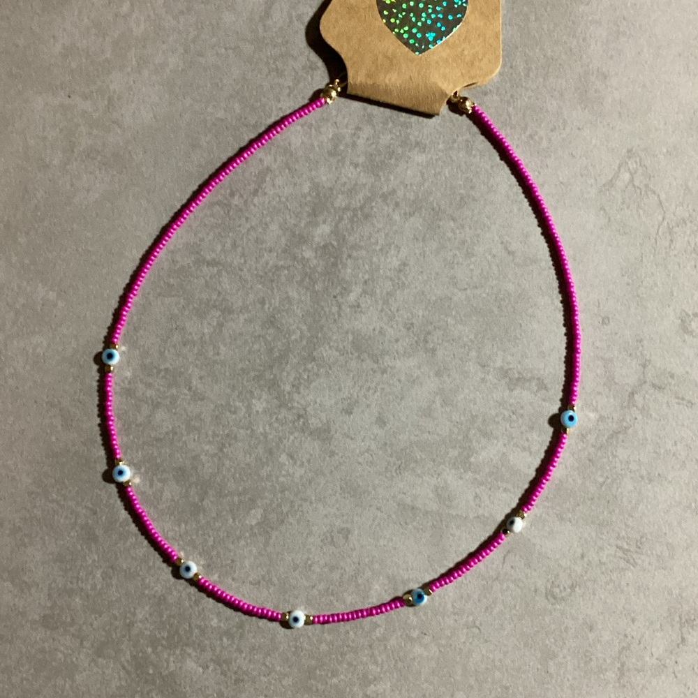 Pink Beaded Evil Eye Necklace